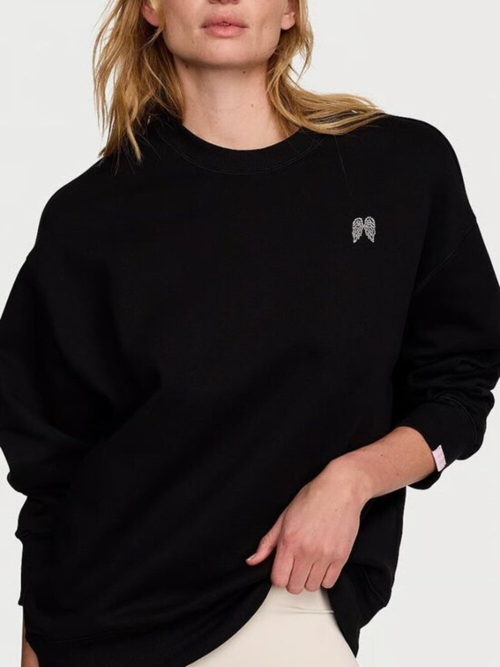 VICTORIA Angel Essentials Iconic Black  Fleece Crewneck Sweatshirt LARGE NWT
